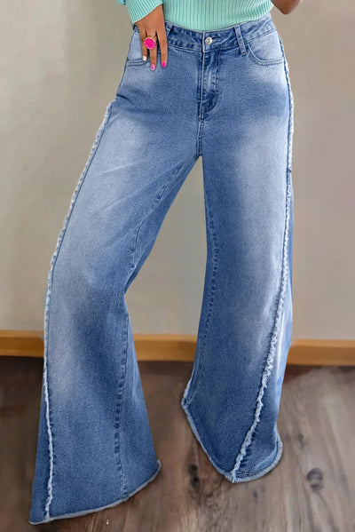 Raw hem wide leg jeans with pockets, slightly stretchy fabric.