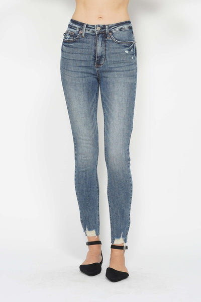 Judy Blue Full Size Tummy Control Vintage Wash Hem Destroy Skinny Jeans with distressed hem detailing.