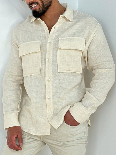 Men's full size collared neck long sleeve shirt with chest pockets in breathable flax and cotton fabric
