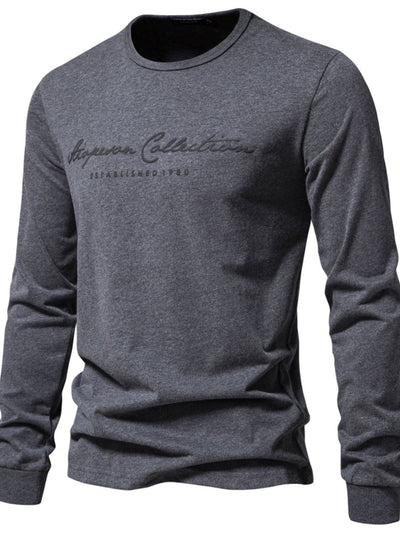 Men's round neck letter graphic t-shirt in dark grey, slightly stretchy 100% cotton.