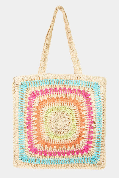 Fame Rainbow Crochet Knit Tote Bag with colorful and bohemian crochet design.