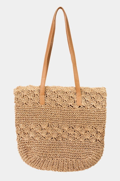 Fame Straw Braided Tote Bag with leather straps and rustic woven design.