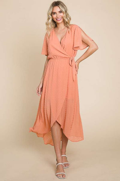 Culture Code Swiss Dot Tied Slit Short Sleeve Dress, elegant peach design, flattering fit, perfect for occasions.