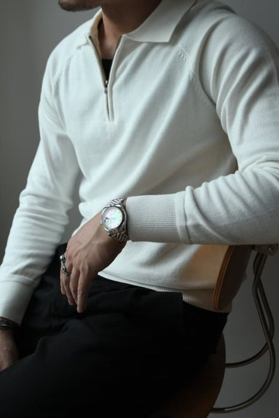 Men's plus size quarter zip raglan sleeve polo in white cotton blend with moderate stretch and basic style