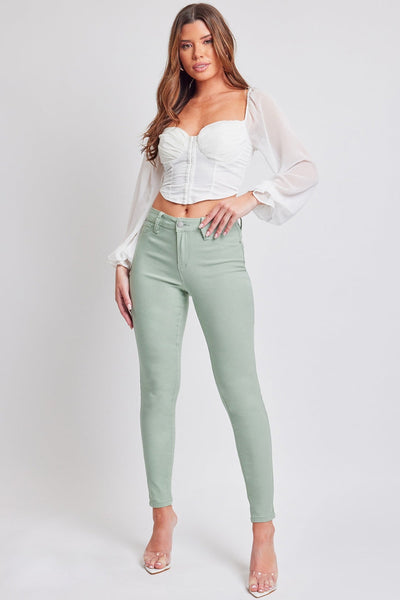 YMI Jeanswear Hyperstretch Mid-Rise Skinny Jeans in green with a flattering fit and skinny leg design.