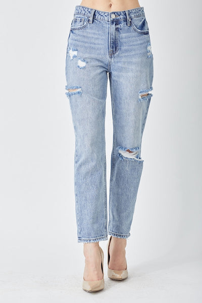 RISEN Distressed Slim Cropped Jeans with edgy distressed details and flattering slim fit.