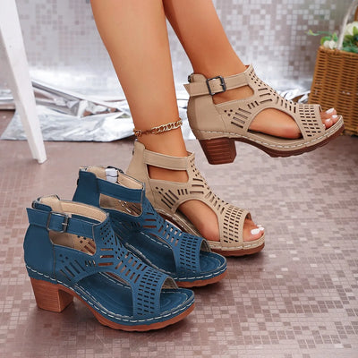 Open toe block heel sandals in beige and blue, PU leather, mid heels, ideal for casual wear.