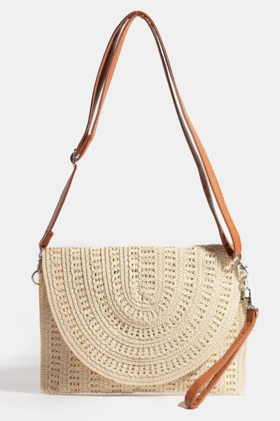 Fame Woven Pattern Straw Crossbody Bag with leather strap, small size.