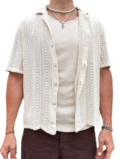 Men's full size button down short sleeve shirt in white openwork polyester fabric with moderate stretch
