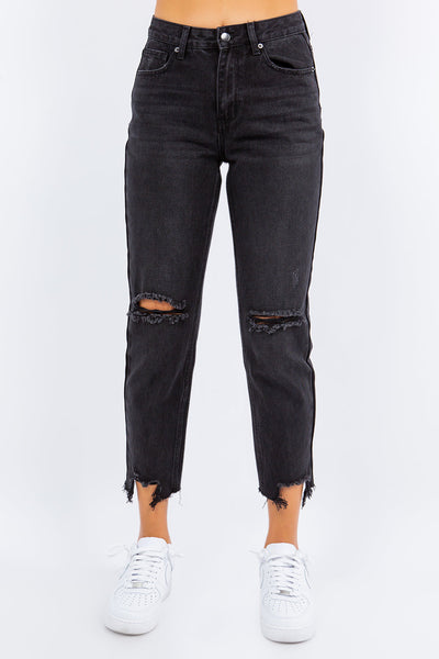 American Bazi high waist distressed cropped straight jeans with edgy detailing and a modern silhouette.