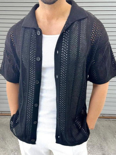 Men's black button down collared neck hollow out short sleeve shirt with slight stretch and breathable fabric