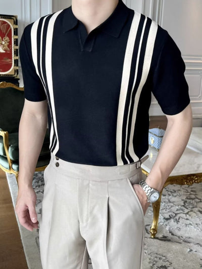 Men's plus size black short sleeve polo shirt with white contrast vertical stripes and collared neck
