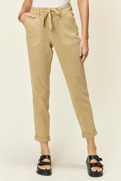 Judy Blue Full Size High Waist Jogger Jeans, beige, elastic waistband with drawstring, pocketed, casual style.