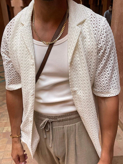 Men's plus size white herringbone eyelet button down knit shirt with short sleeves