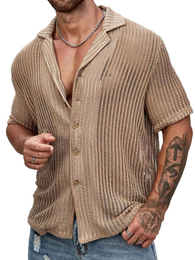 Men's full size openwork button down short sleeve shirt in beige with moderate stretch material