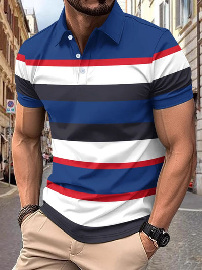 Men's full size collared short sleeve striped polo shirt with blue, black, white, and red horizontal stripes
