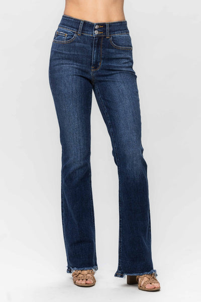 Judy Blue Full Size Frayed Hem Bootcut Jeans with raw hem and moderate stretch.