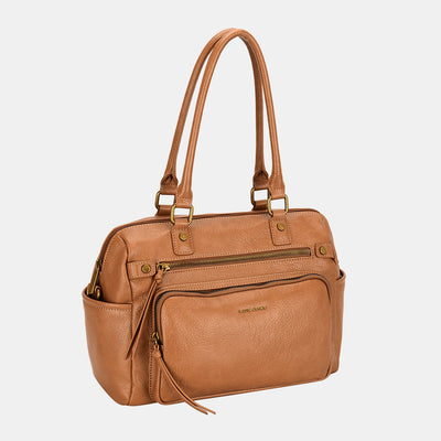 David Jones Zipper PU Leather Handbag in brown with multiple compartments and zipper closure