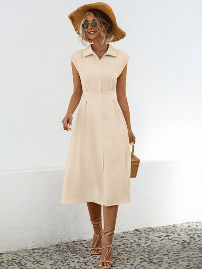 Button Up Cap Sleeve Midi DressFeatures: Buttoned
Sheer: Opaque
Stretch: No stretch
Body: Not lined
Material composition: 95% polyester, 5% elastane
Care instructions: Machine wash cold. Tumble drDressesCap Sleeve Midi Dress