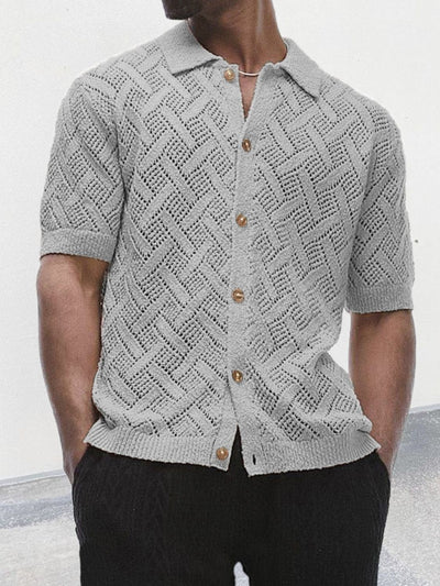 Men's gray eyelet knit button down collared short sleeve shirt with wooden buttons