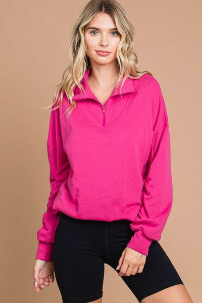 Culture Code Full Size Half Zip Long Sleeve Sweatshirt in pink, relaxed fit, stylish and comfortable.