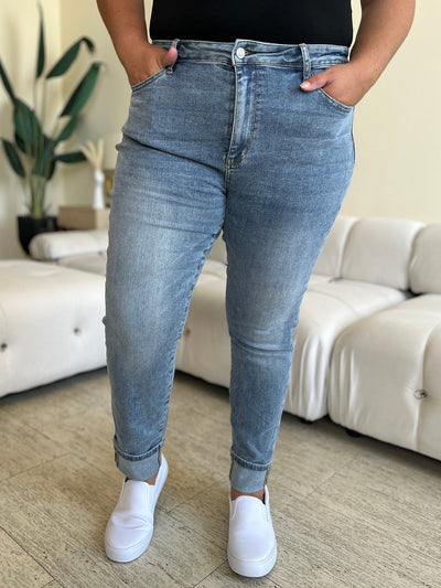 Judy Blue Full Size High Waist Cuff Hem Jeans with moderate stretch and pocketed design.