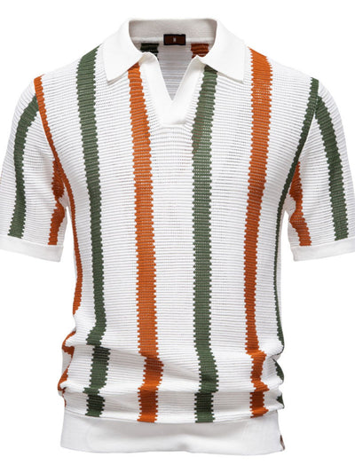 Men's collared neck striped knit polo with green and orange stripes, short sleeves.