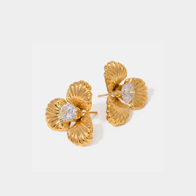 18K gold-plated stainless steel zircon flower shape earrings, 1-inch length.