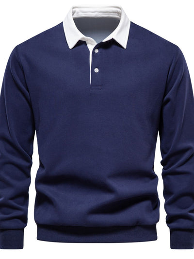 Men's quarter button collared neck long sleeve polo in navy blue.