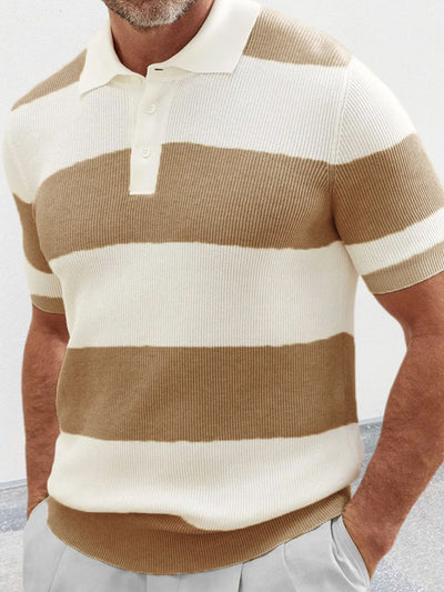 Plus size men's ribbed knit polo with collared neck and beige white stripes