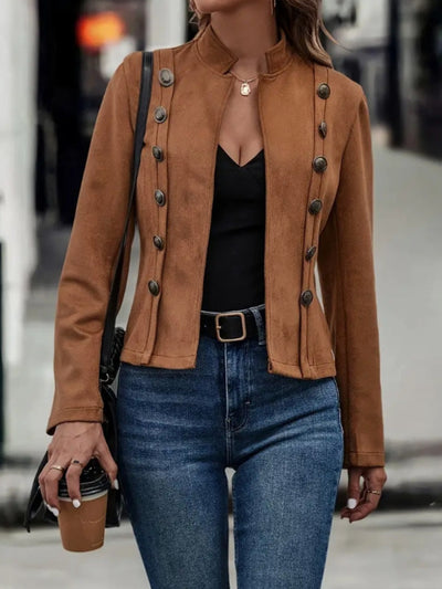 Woman wearing a Decorative Button Open Front Long Sleeve Jacket with jeans and a black top.