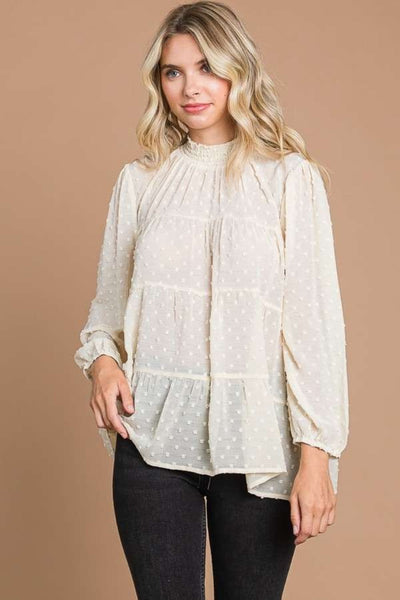 Culture Code Swiss Dot Smocked Mock Neck Blouse in cream, elegant and flowy.