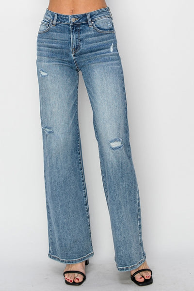 RISEN Full Size High Waist Distressed Wide Leg Jeans with stylish distressed detailing and wide leg silhouette.