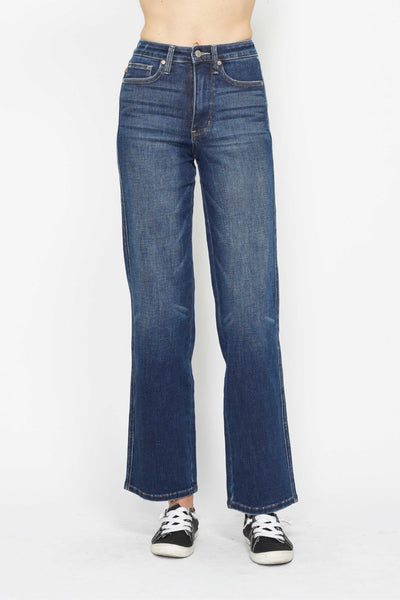 Judy Blue Full Size High Waist Tummy Control Jeans, dark wash, moderate stretch, front view.