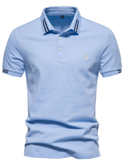 Men's light blue embroidered striped short sleeve polo shirt with cotton fabric and slight stretch