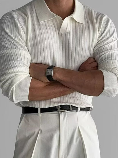Plus size collared neck long sleeve ribbed knit polo shirt in white on male model