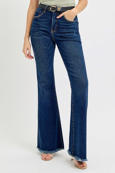 RISEN Tummy Control High Rise Flare Frayed Hem Jeans with Belt in dark wash.