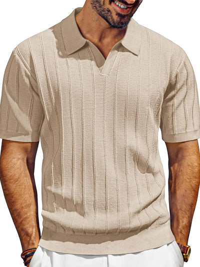 Men's full size textured short sleeve polo shirt with collared neck in beige color