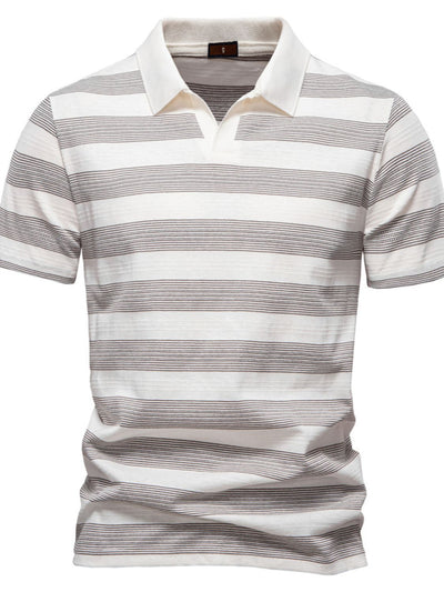 Men's short sleeve polo shirt with gray and white contrast horizontal stripes and a white collar.