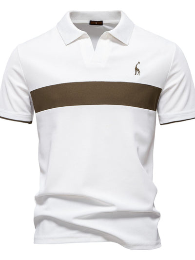 White men's polo shirt with brown horizontal stripe and small embroidered giraffe on chest collar neck contrast men's giraffe embroidered