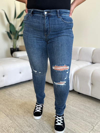 Judy Blue Full Size  High Waist Distressed Skinny JeansThe High Waist Distressed Skinny Jeans are a must-have staple in your wardrobe. Featuring a high waist design, these jeans offer a flattering fit that accentuates yoPantsJudy Blue Full Size High Waist Distressed Skinny Jeans