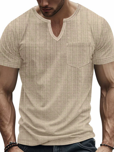 Men's full size notched short sleeve t-shirt in beige color, made from 100% polyester.