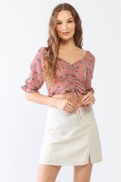 Floral ruffle smocked back ruched crop top by Tasha Apparel, worn by model.