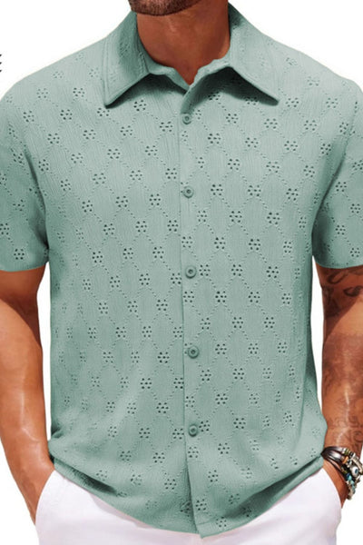 Men's plus size button down short sleeve shirt in light green with eyelet pattern