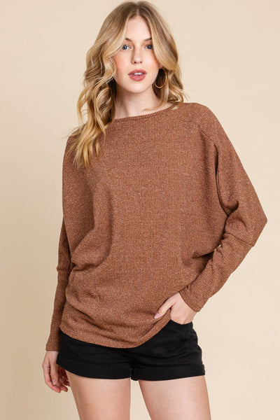 BOMBOM Drop Shoulder Long Sleeve Knit Top in brown with round neck and dolman sleeves.