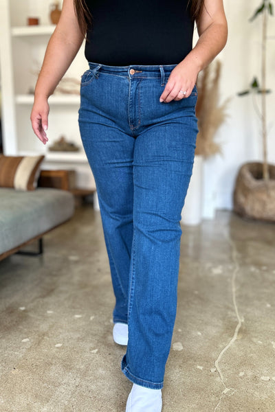 Judy Blue Full Size High Rise Straight Jeans in blue with a flattering high-rise fit.