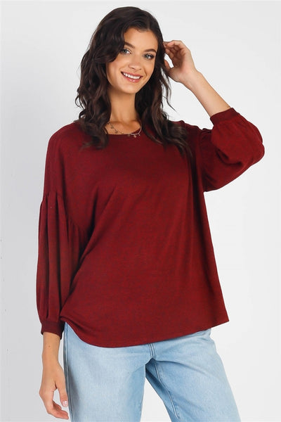 Cherish Apparel Drop Shoulder Puff Sleeve Top in maroon with relaxed fit and feminine puff sleeves.