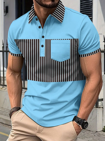 Men's full size collared polo shirt with blue base and black contrast striped accents on collar, chest pocket, and sleeves