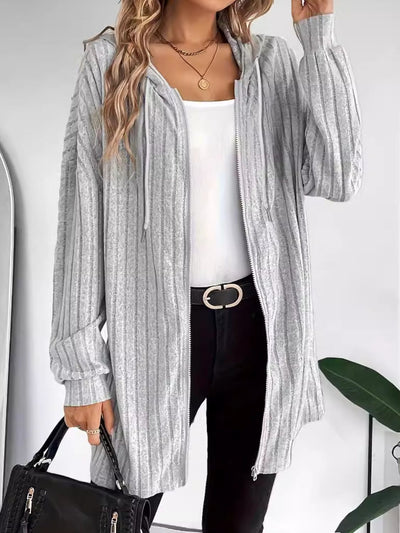 Ribbed zip-up dropped shoulder jacket in gray with basic style; 100% polyester.