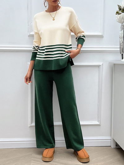 Devine slit striped round neck top and pants sweater set in beige and green, featuring slit detail and slightly stretchy fabric.